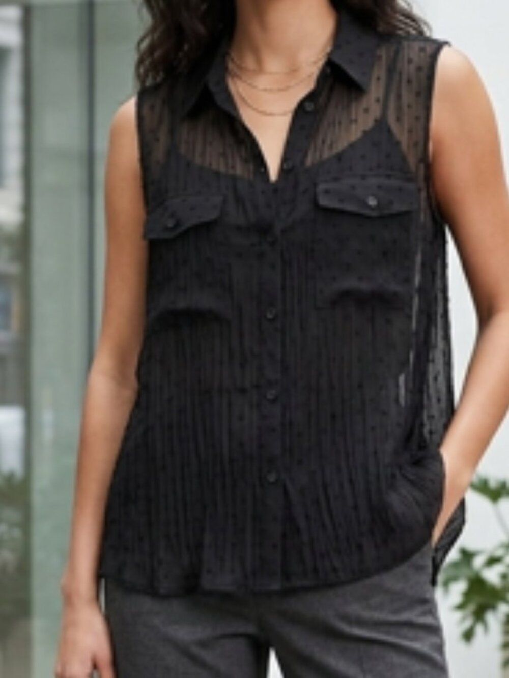 EXPRESS Womens Medium Sleeveless Sheer Button-Down Blouse Swiss Dot Whimsigoth